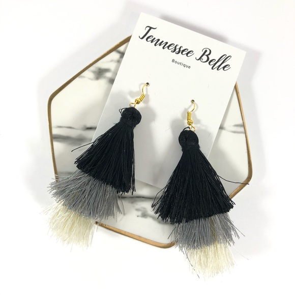 Black Ombre Tassel Fringe Statement Earrings - Picture 2 of 3
